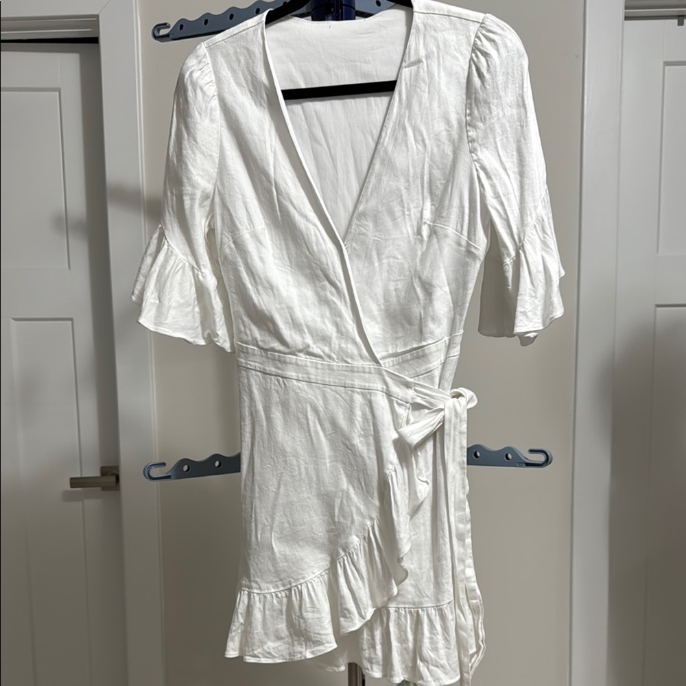 Bebe - White Wrap Dress with Ruffle Sleeves